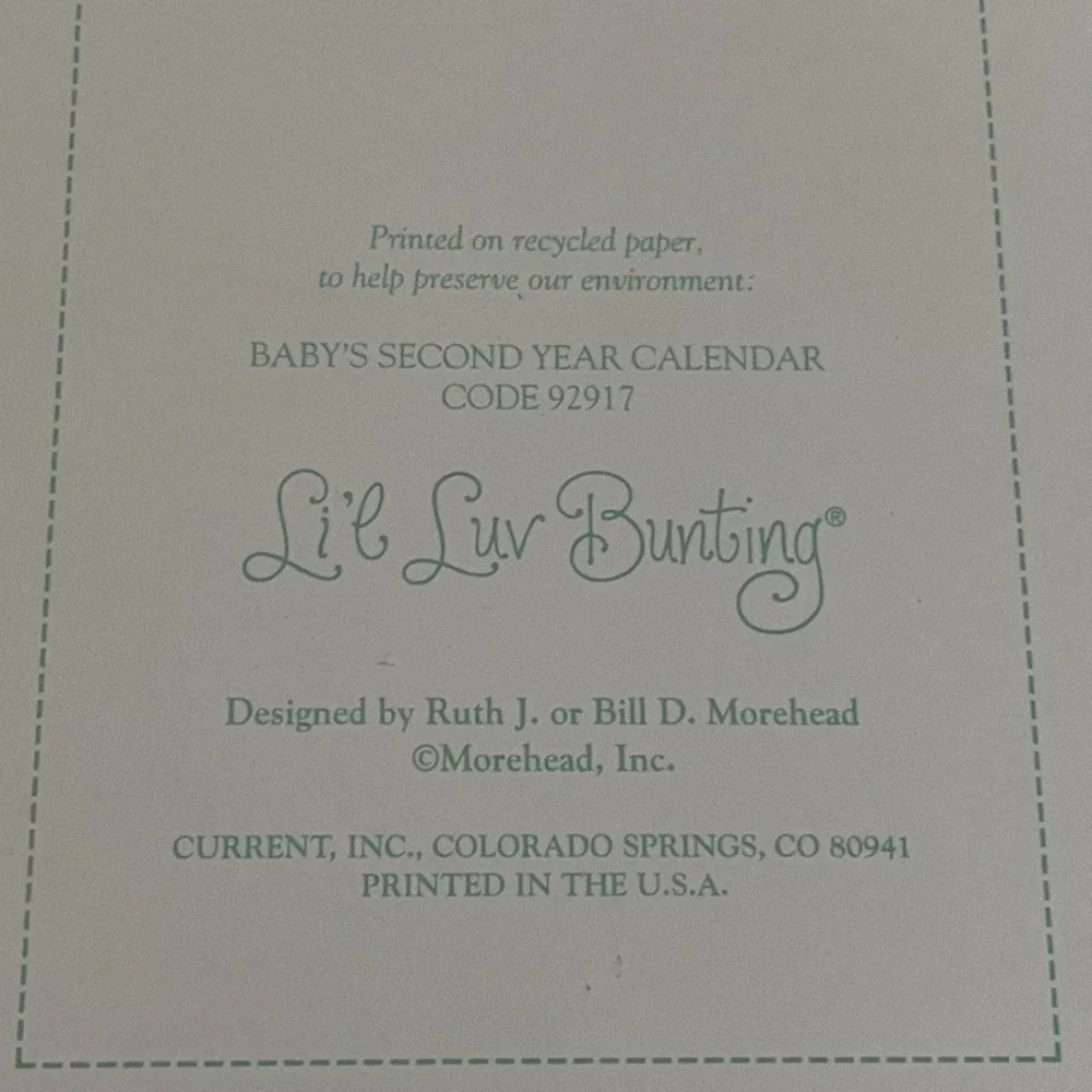 Vintage Lil Luv Bunting Baby's 2nd Year Calendar Ruth J Morehead Unused
